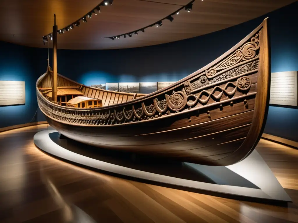 Modelos de barcos vikingos históricos: Fotografía detallada del barco Oseberg, con tallados intrincados y madera envejecida, exhibido en un entorno de museo iluminado dramáticamente