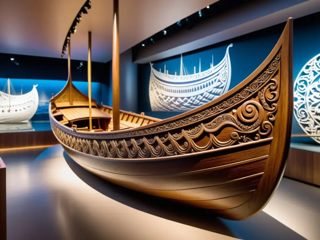 Modelos de barcos vikingos: Impresionante réplica de un drakkar vikingo con intrincados detalles y visitantes maravillados en el fondo