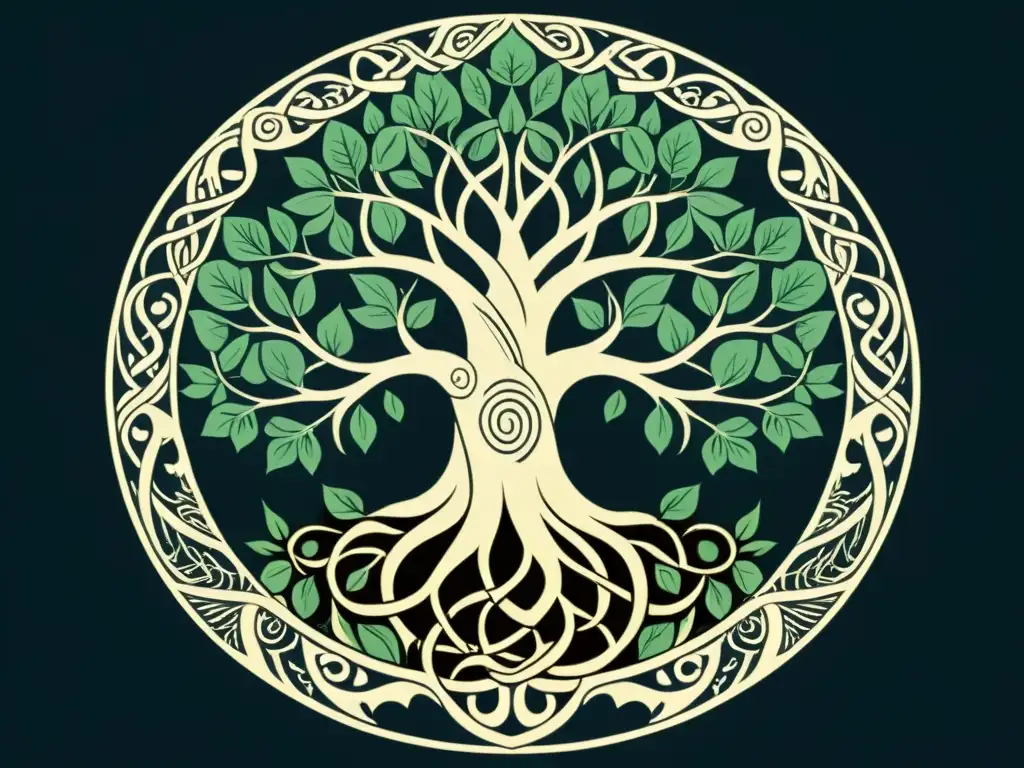 Interpretación moderna de Yggdrasil, Árbol del Mundo de la mitología nórdica, con detalles de los nueve reinos entrelazados