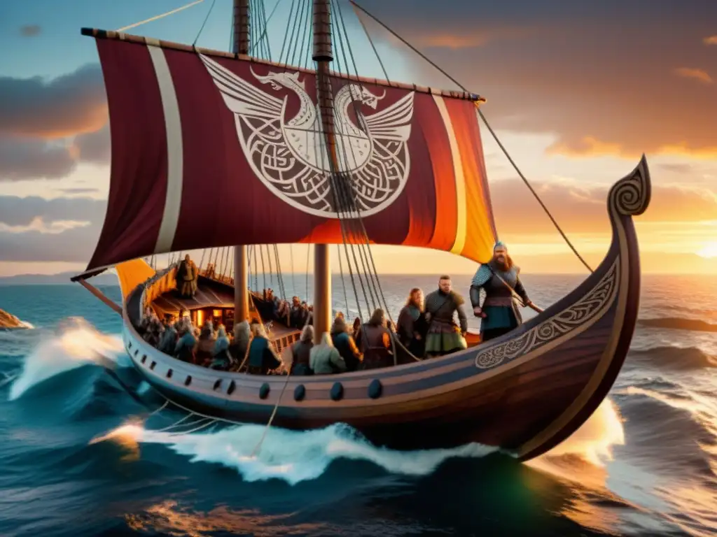 Reconstrucción moderna de arte vikingo: detallada nave con dragones esculpidos, tripulación vikinga y símbolos nórdicos al atardecer