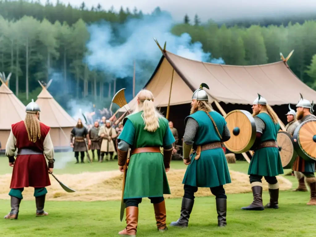 Recreación moderna de un festival vikingo en Escandinavia, mostrando actividades tradicionales junto al Panteón Nórdico