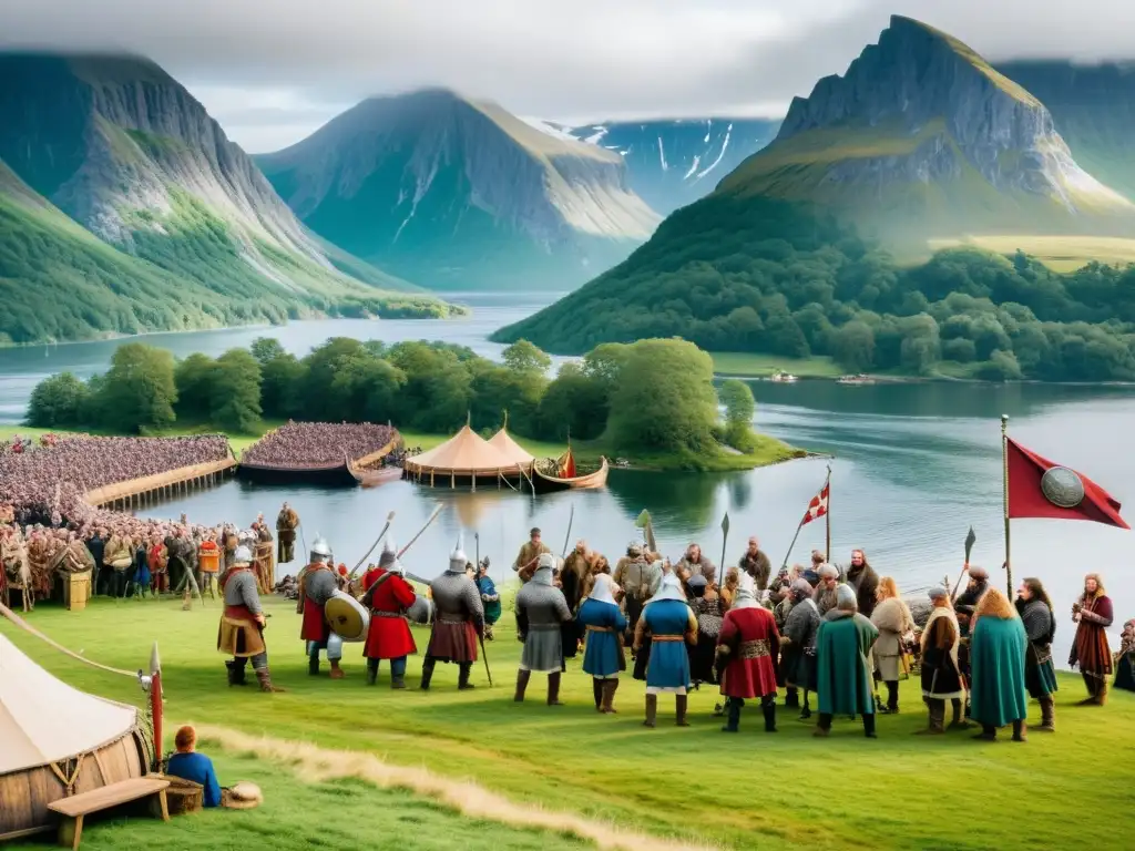 Celebración moderna de festivales de mitología nórdica con Vikingos en batalla, paisaje nórdico y barco vikingo