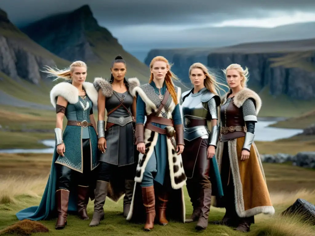 Interpretación moderna de vestimenta vikinga para mujeres, fusión de fuerza y elegancia en paisaje nórdico