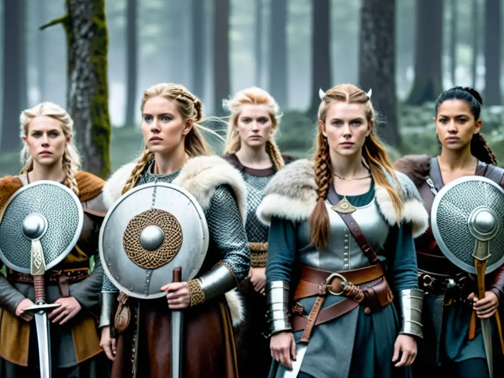 Interpretación moderna de vestimenta vikinga en mujeres guerreras en el bosque