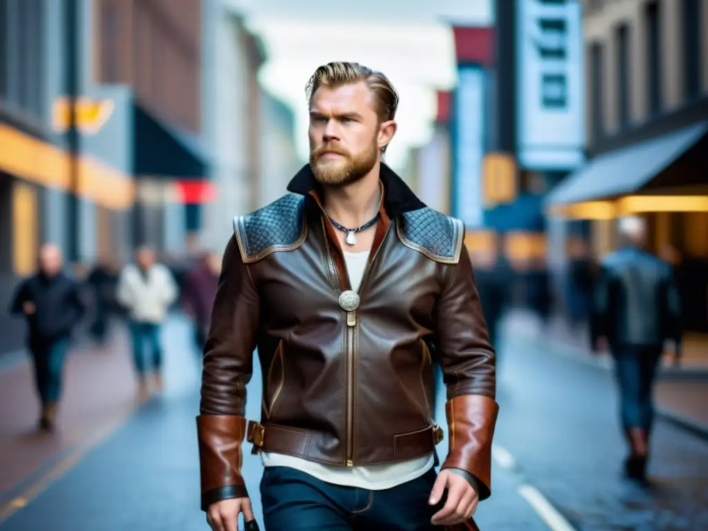 Estilo vikingo en la ciudad: moda urbana con toques nórdicos Un moderno paseante urbano con accesorios vikingos para look diario, cautivando miradas