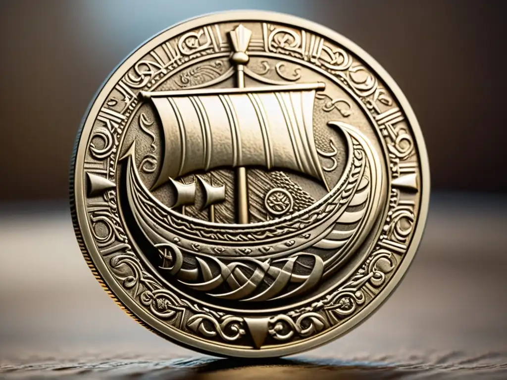 Una moneda europea moderna con detallados grabados de barcos vikingos y elementos culturales, resaltando las raíces nórdicas numismática actual