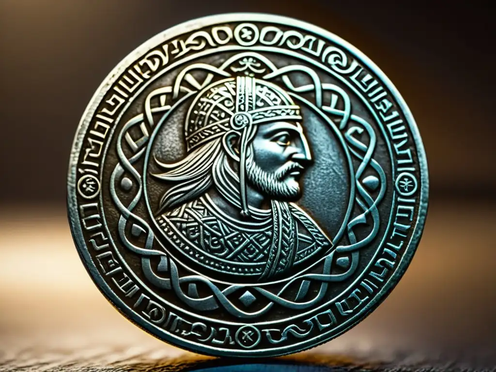 'Una moneda vikinga auténtica, detallada y envejecida, iluminada suavemente para resaltar sus marcas distintivas y su significado histórico