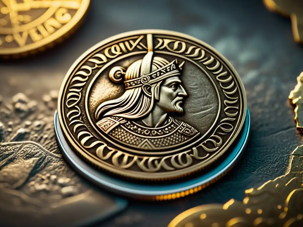 Moneda vikinga detallada de 8k, con símbolos e historia vikinga