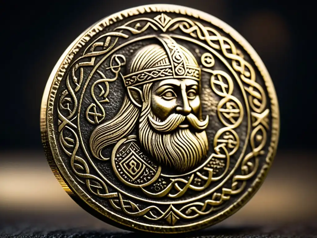 Una moneda vikinga detallada con símbolos y grabados antiguos, iluminada por luz suave en una superficie oscura, evocando misterio y riqueza histórica