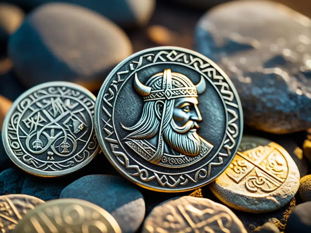 Una moneda vikinga con grabados de dioses nórdicos reposa sobre piedras antiguas