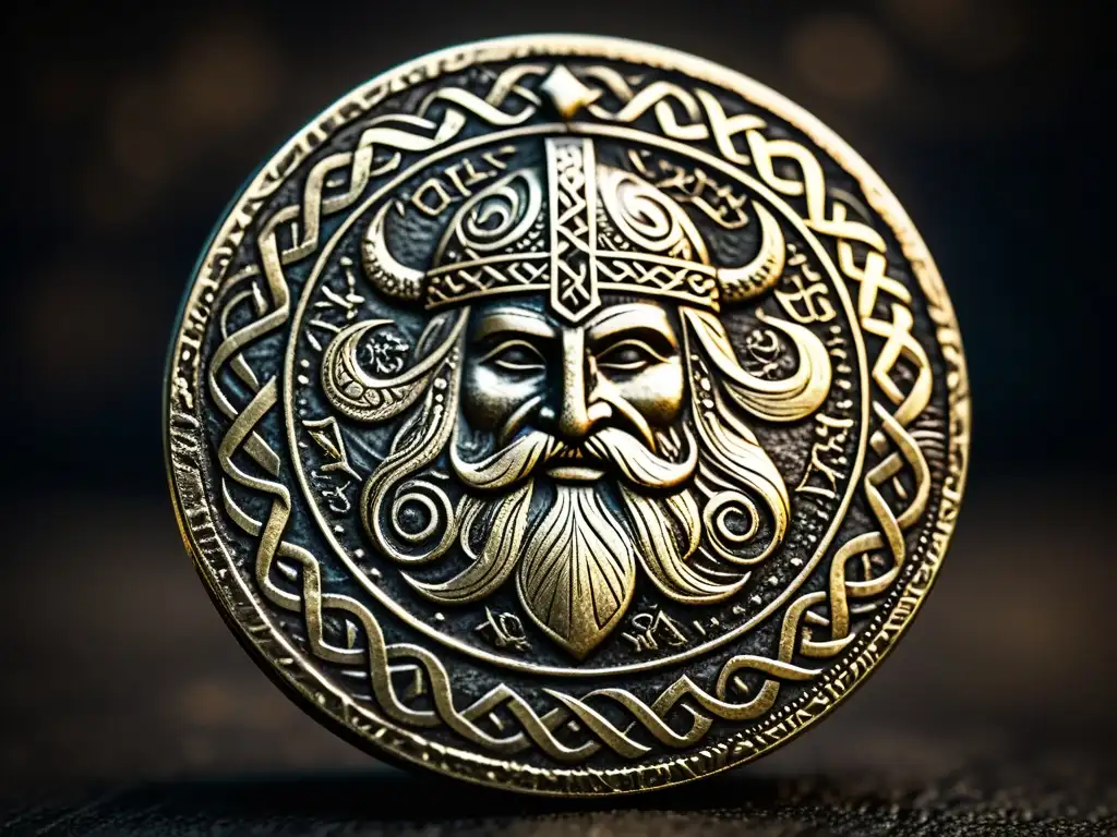 Una moneda vikinga, con grabados intrincados y runas, destaca en un fondo oscuro y dramático