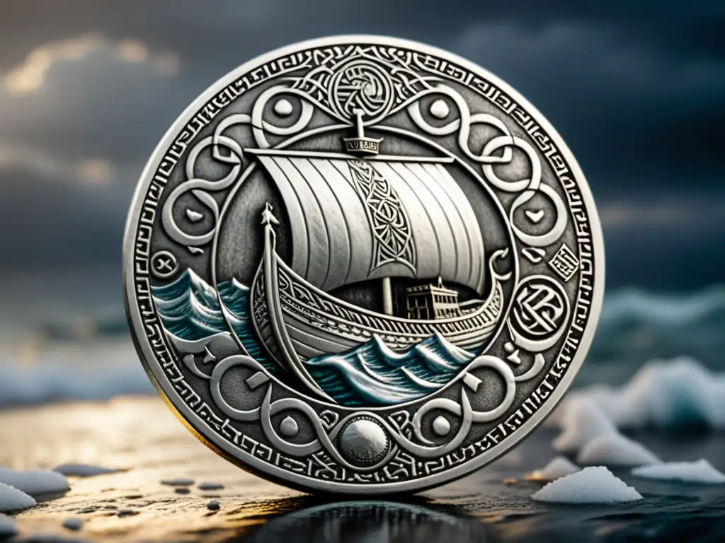 Moneda vikinga de plata detallada con un barco y símbolos nórdicos, en perfecto estado