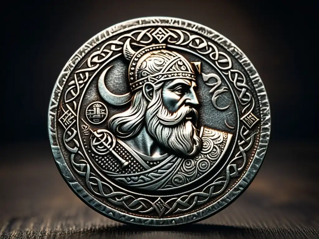 Una moneda vikinga de plata con engravings de mitología nórdica y símbolos antiguos, evocando raíces nórdicas numismática actual