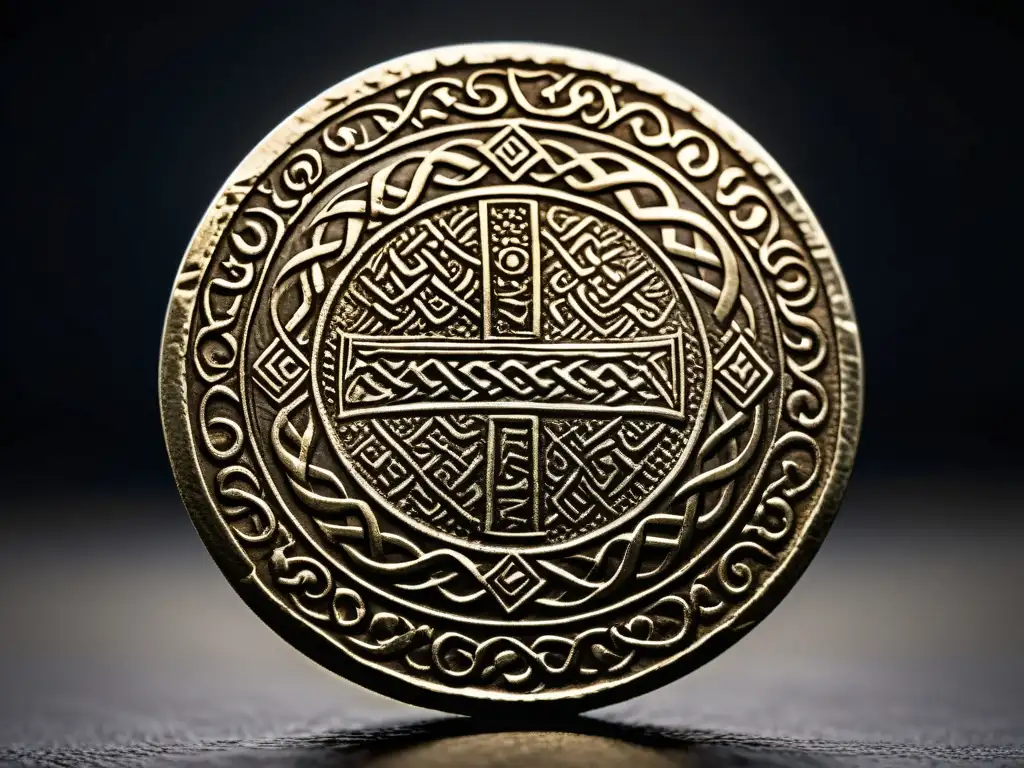 Una moneda vikinga de alta resolución, con detalles intrincados y bien conservada sobre un fondo oscuro