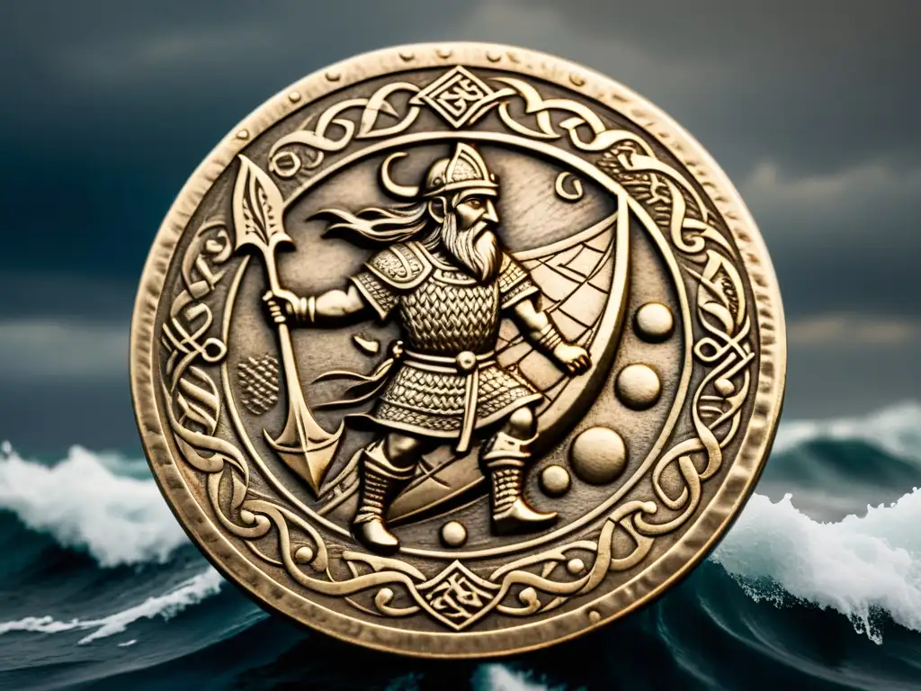 Coleccionar monedas vikingas antiguas: Detalle de una moneda vikinga rara con grabados de guerrero vikingo y barco en medio de olas tormentosas