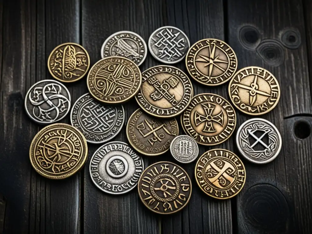 Colección de monedas vikingas en madera envejecida