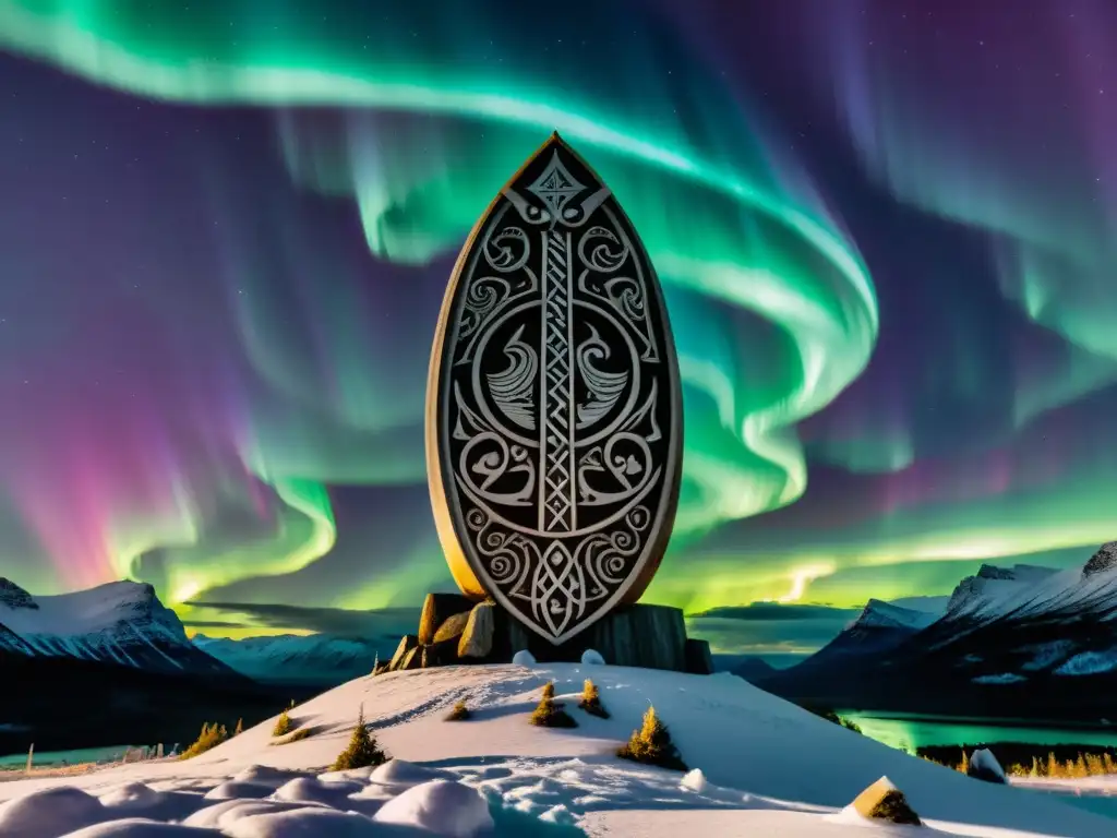 Un monumento funerario vikingo imponente, tallado con símbolos rúnicos y rodeado de auroras boreales