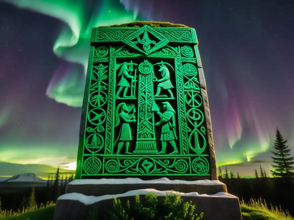 Monumento de piedra con escenas de la mitología nórdica en un bosque escandinavo iluminado por la aurora boreal