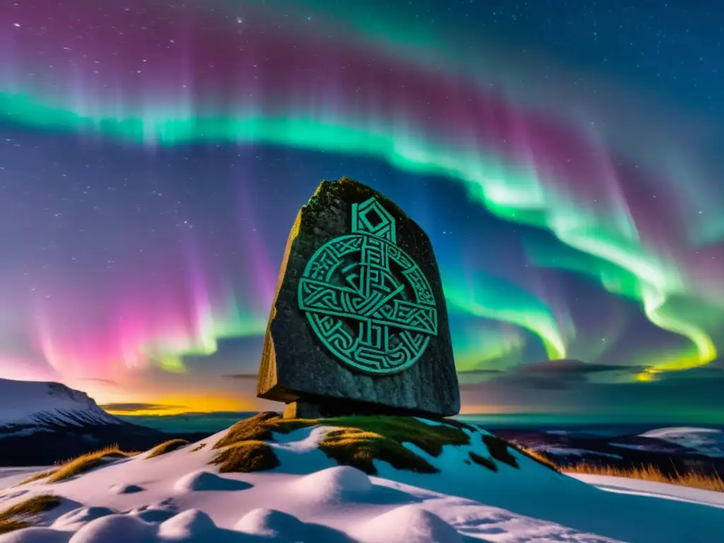 Monumento rúnico vikingo bajo la Aurora Boreal, evocando la conexión cósmica en la era vikinga