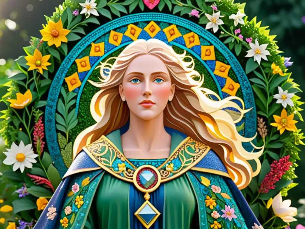 Mosaico de Freyja, diosa nórdica del amor, belleza y fertilidad, en un exuberante jardín con flores vibrantes