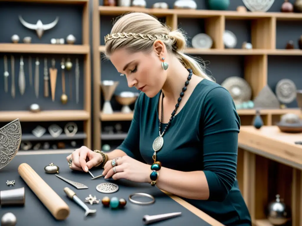 Mujer artesana fusionando la influencia femenina en joyería vikinga con técnicas contemporáneas, rodeada de herramientas, gemas y diseño