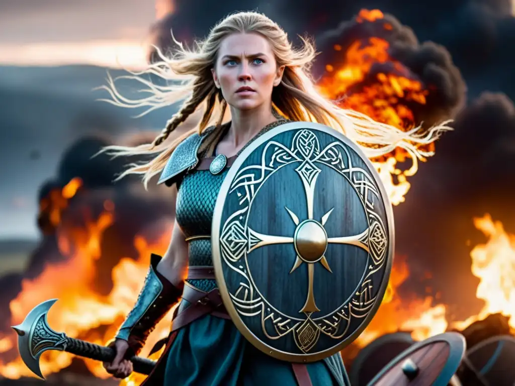 Representación de una mujer guerrera en la literatura vikinga, lista para la batalla en un campo de guerra