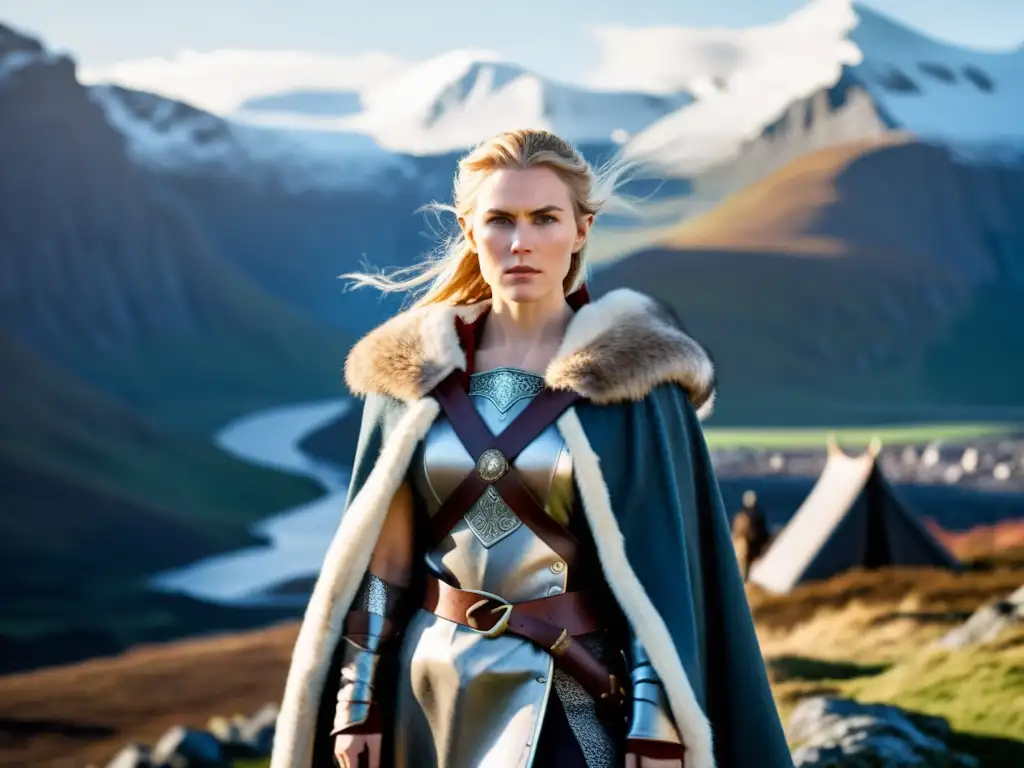 Una mujer moderna viste atuendo vikingo en paisaje nórdico, expresando poder y fuerza