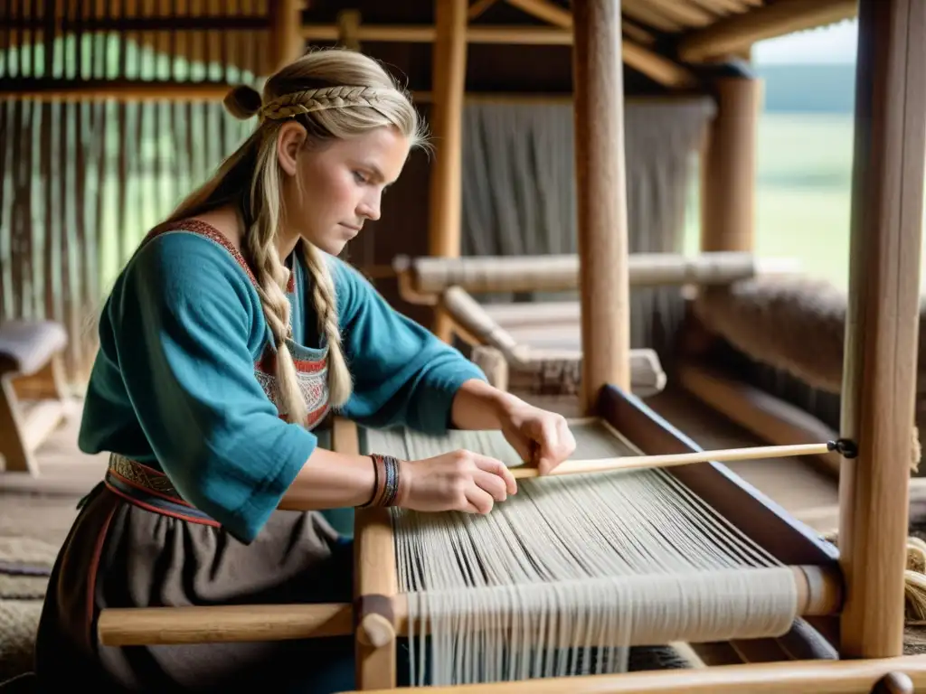 Una mujer vikinga tejiendo en su casa mientras su familia realiza actividades