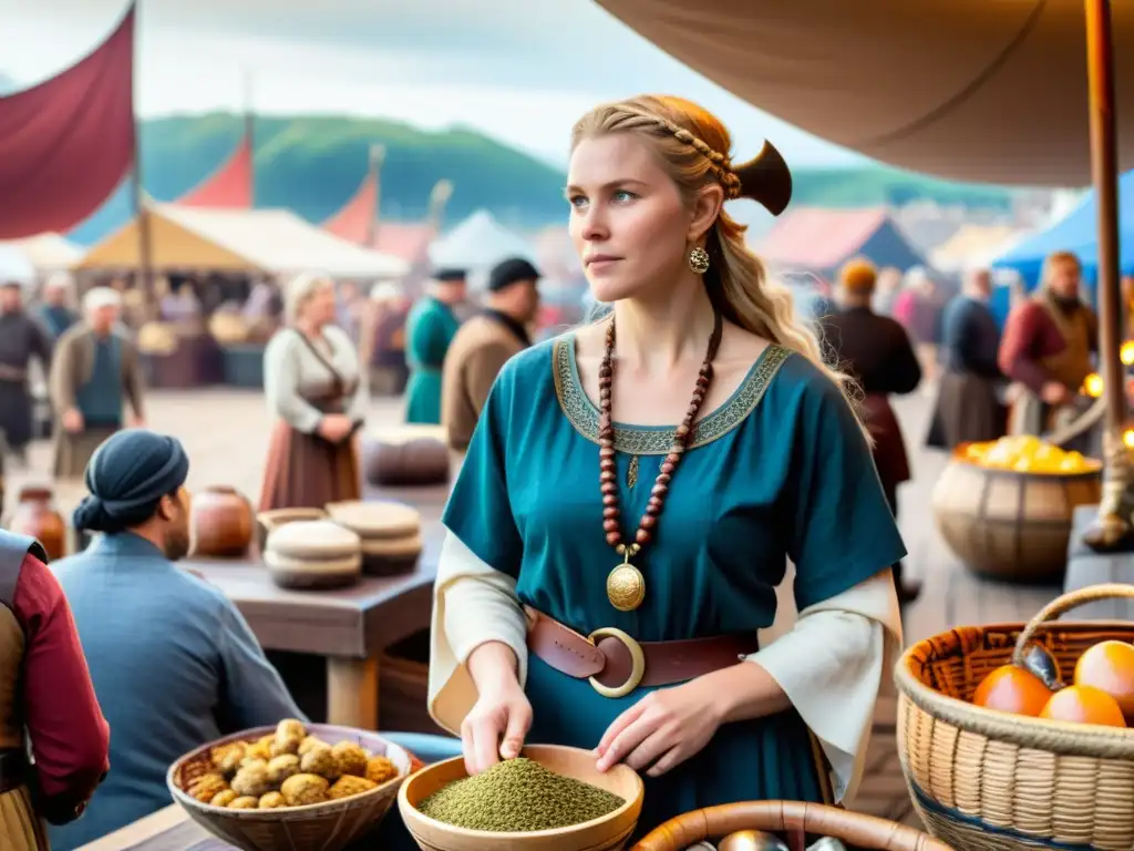 Mujer vikinga en el comercio, liderando un animado mercado con artesanos y mercancías variadas, mientras barcos descargan productos exóticos