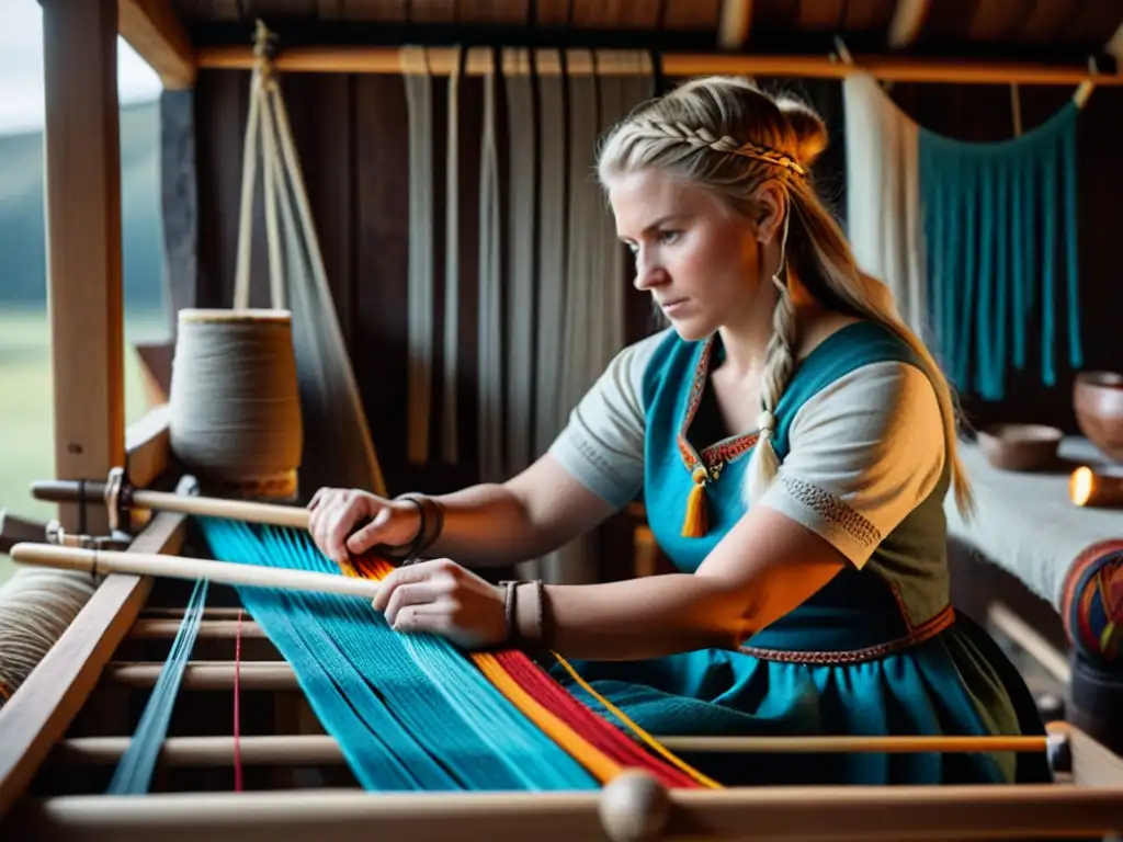 Una mujer vikinga teje con determinación en una habitación tenue, destacando las Técnicas de tejido en la era vikinga