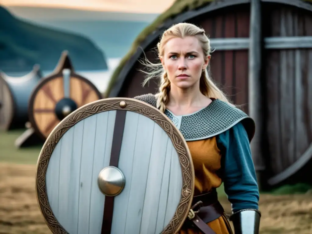 Una mujer vikinga orgullosa, con expresión fiera, sostiene escudo y lanza