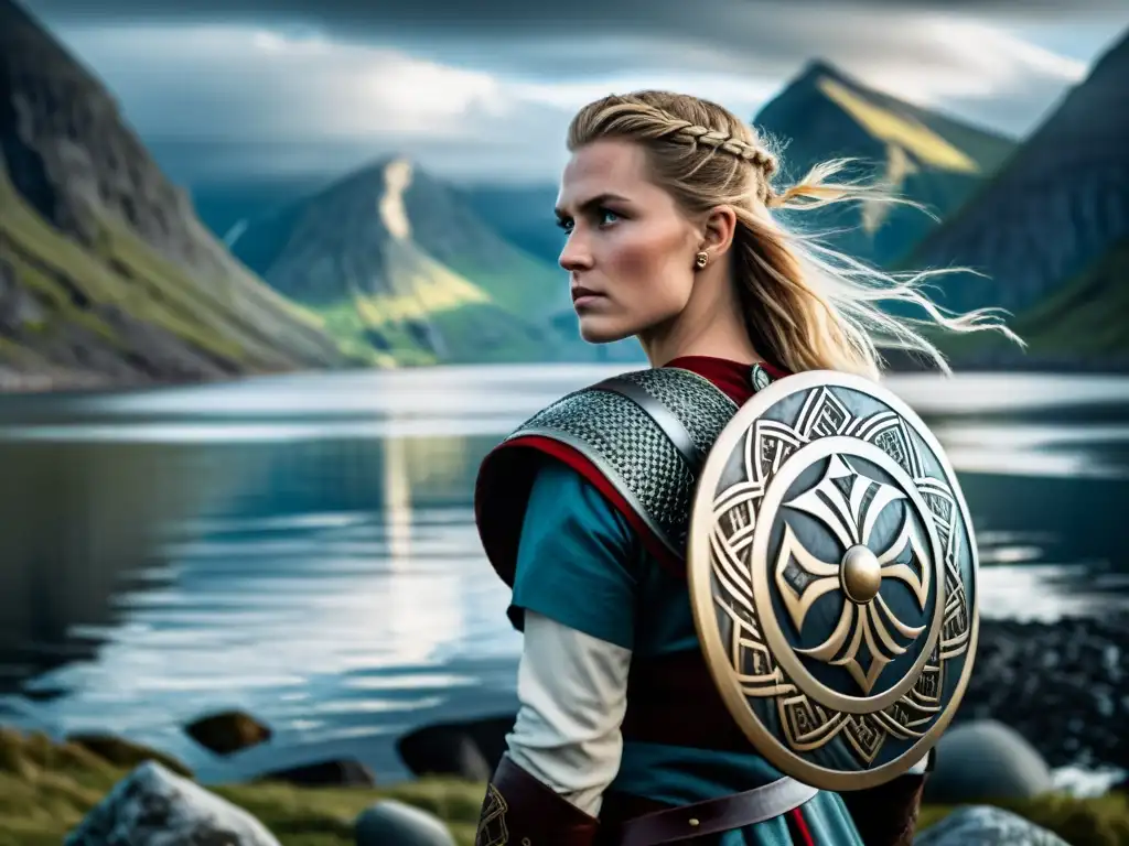 Una mujer vikinga orgullosa en la orilla de un fiordo, con vestimenta tradicional y un escudo con diseños nórdicos