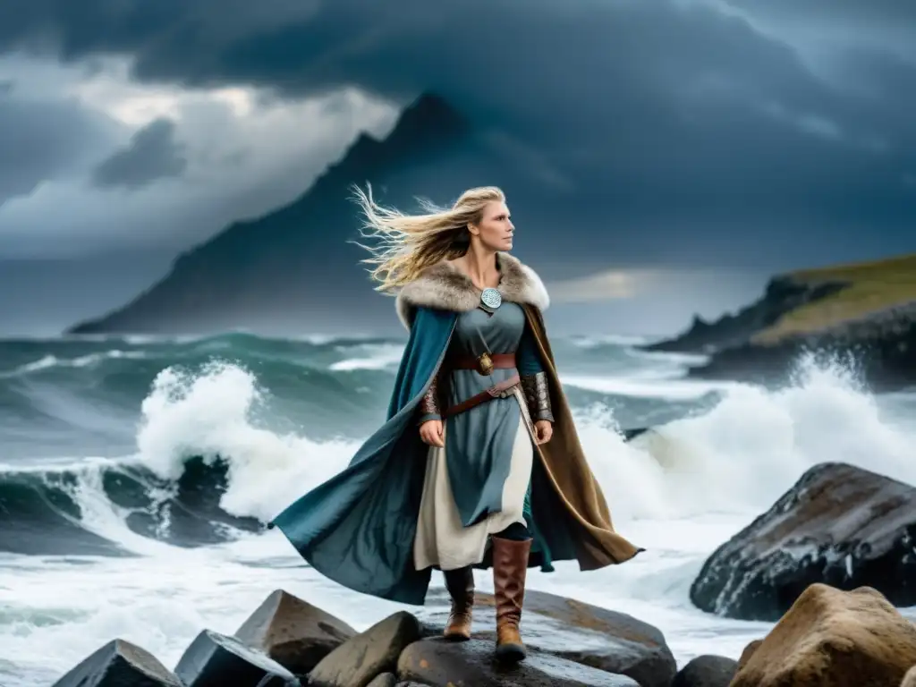 Una mujer vikinga poderosa en un arte contemporáneo, desafiante frente al mar tormentoso