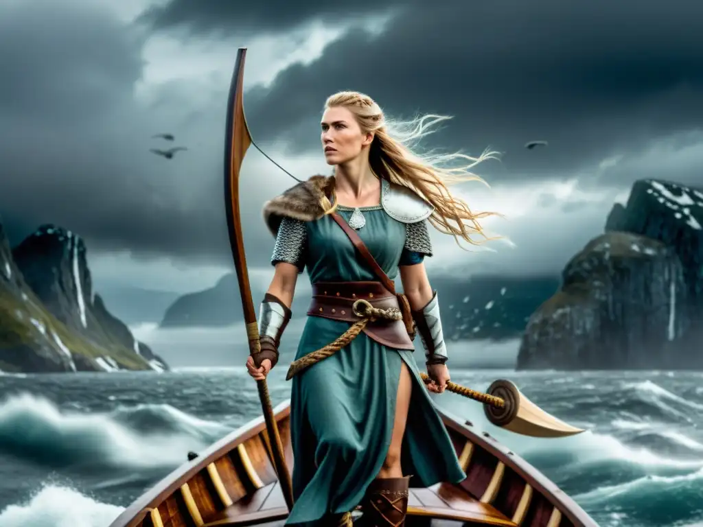 Mujer vikinga poderosa en la proa de un barco, lista para la batalla en un fiordo brumoso