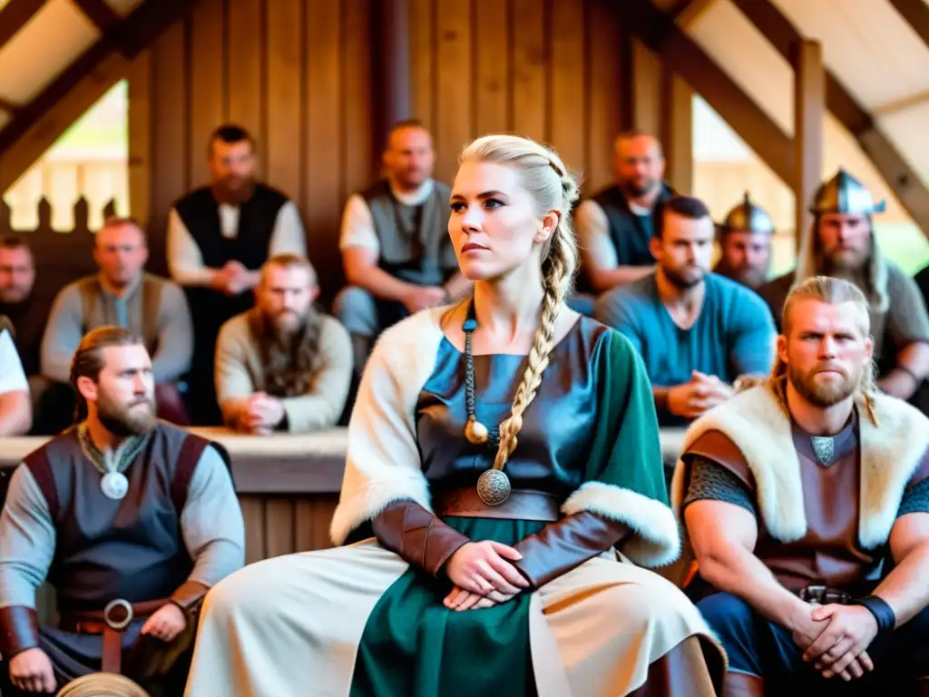 Una mujer vikinga lidera la asamblea rodeada de hombres en un Thing vikingo, destacando la participación femenina en los Thing Vikingos