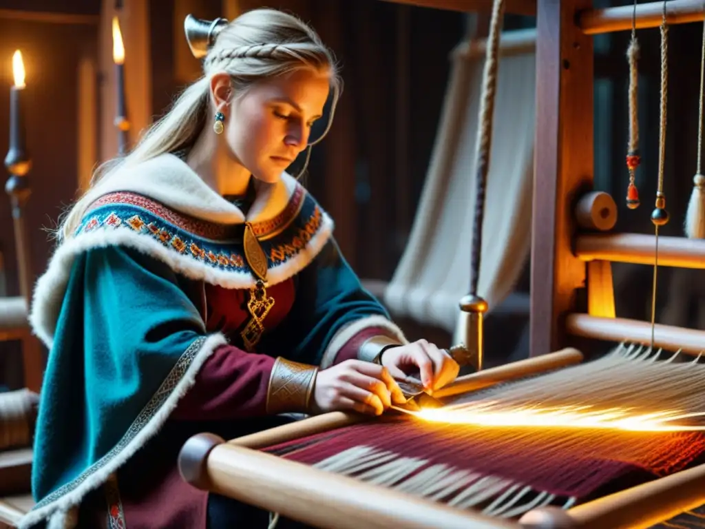 Una mujer vikinga tejiendo en un telar rodeada de lanas de colores