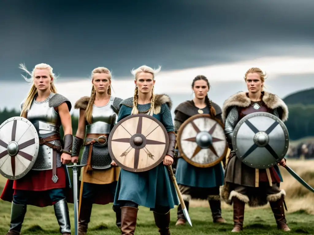 Mujeres guerreras vikingas en armadura y armadas, exhibiendo el Poder de la mujer vikinga