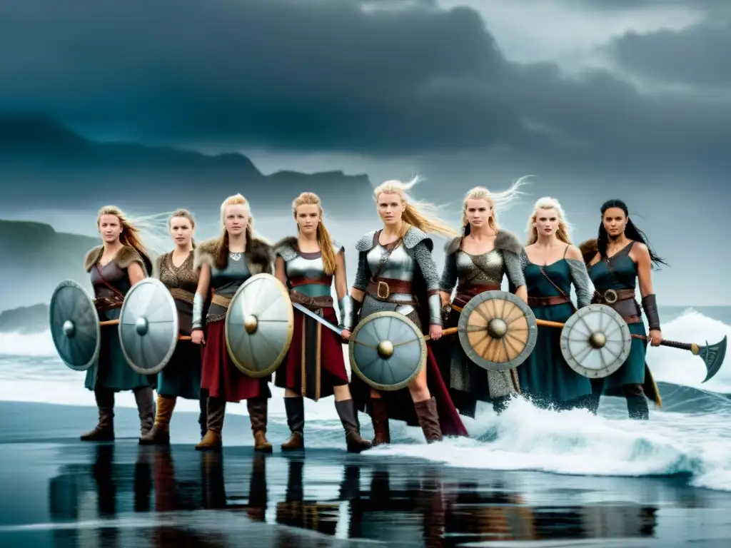 Mujeres guerreras vikingas con armaduras tradicionales y espadas, frente a un drakkar en la costa neblinosa