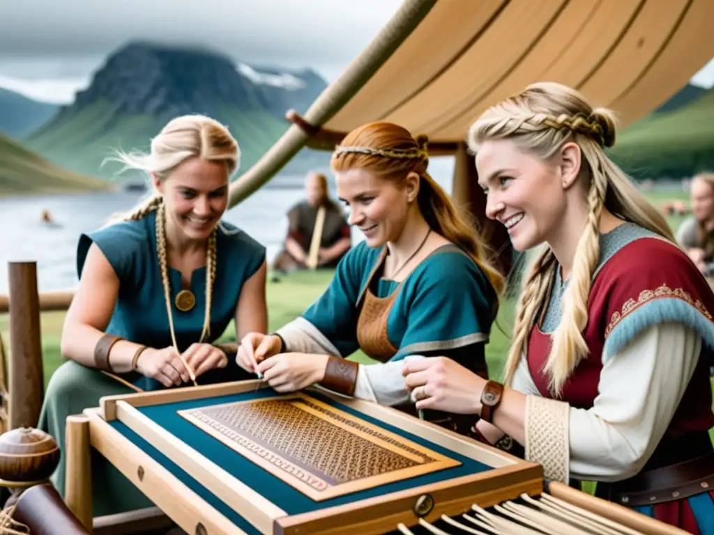 Mujeres en la era vikinga tejiendo, elaborando joyas y jugando en un pueblo vikingo animado