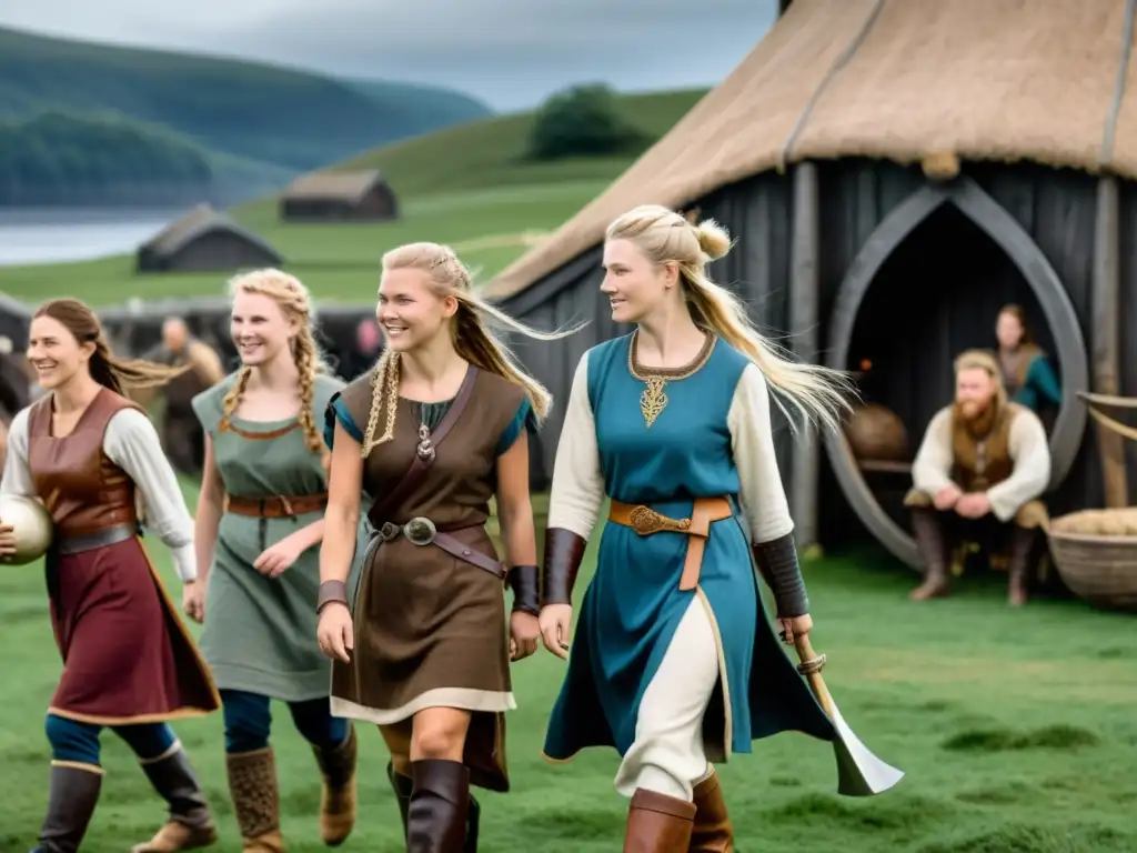 Mujeres vikingas realizando diversas actividades en una aldea bulliciosa