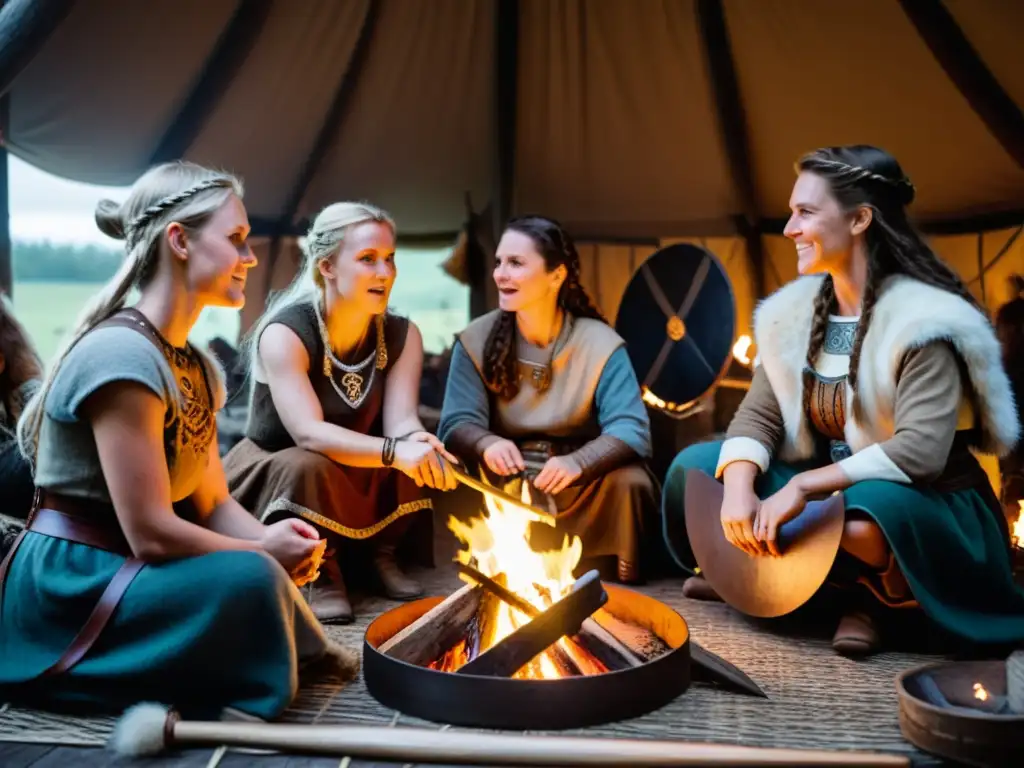 Mujeres vikingas en una animada reunión, creando joyas y planificando viajes en una cálida casa iluminada, rodeadas de escudos y pieles