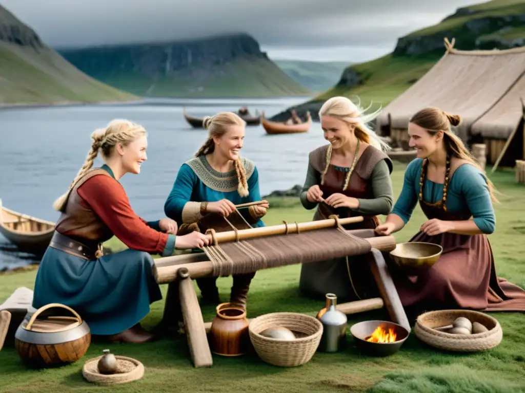 Mujeres vikingas tejiendo, cocinando y cuidando animales en asentamiento bullicioso