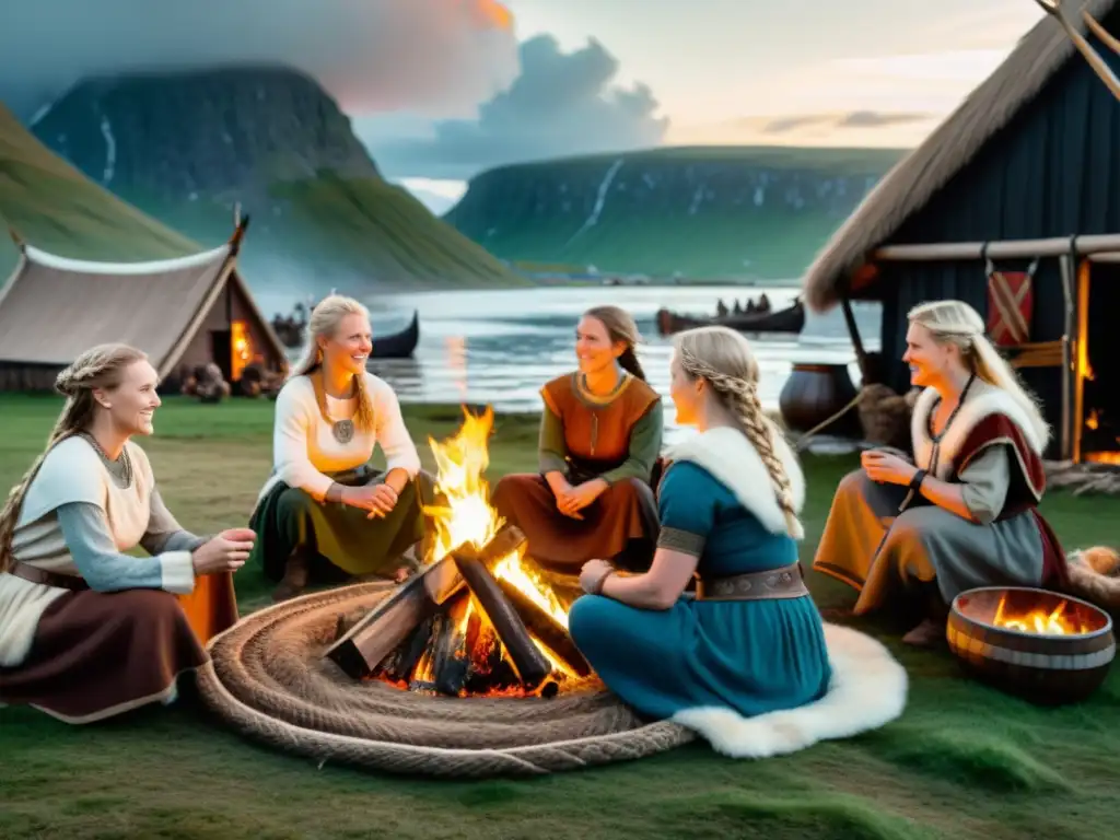 Mujeres vikingas en la era antigua tejiendo, contando historias y cuidando ganado en una aldea nórdica