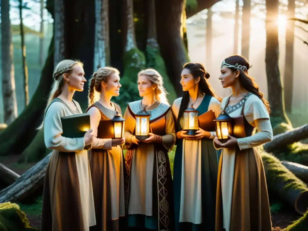 Mujeres vikingas en bosque místico con runas, libros y luz de linterna