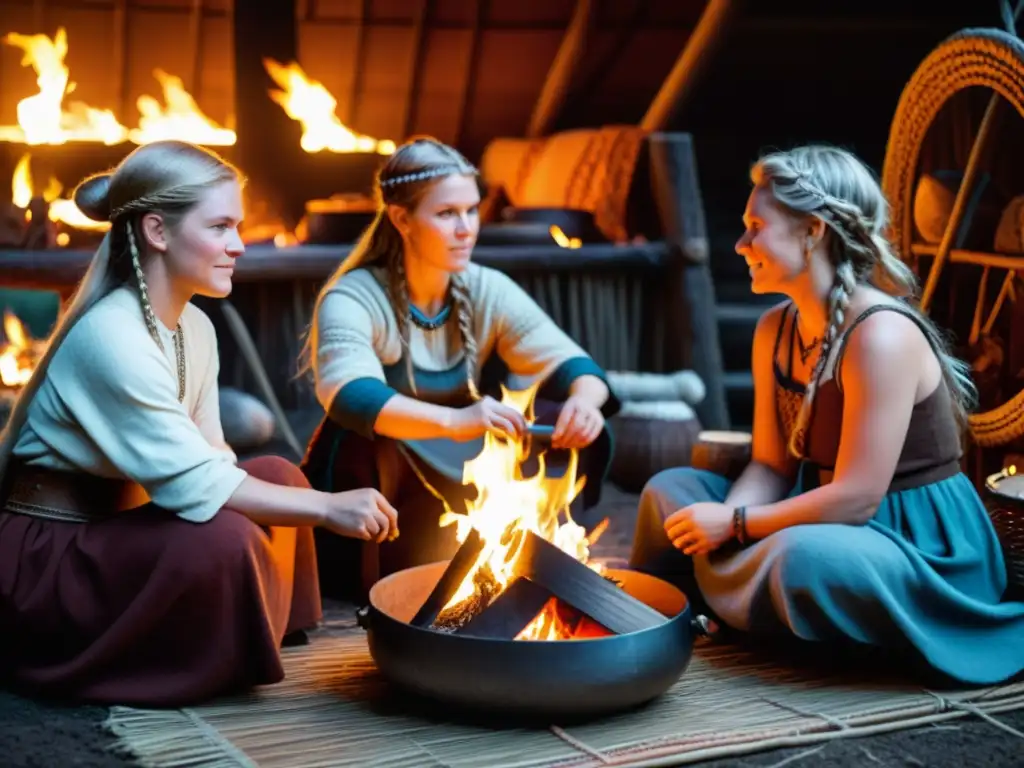 Mujeres vikingas en comunidad, tejido y cocina en casa iluminada por fuego, con niños