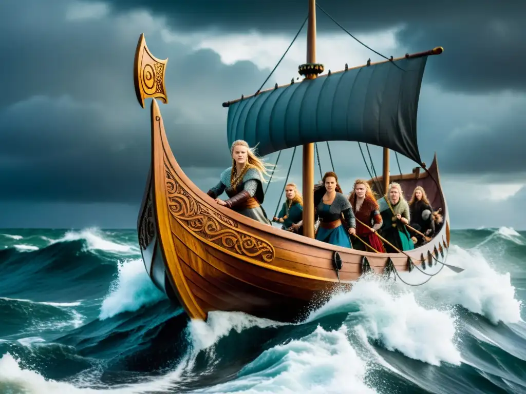 Mujeres vikingas navegando en un drakkar en aguas turbulentas bajo un cielo tormentoso, desafiando los roles de género vikingo