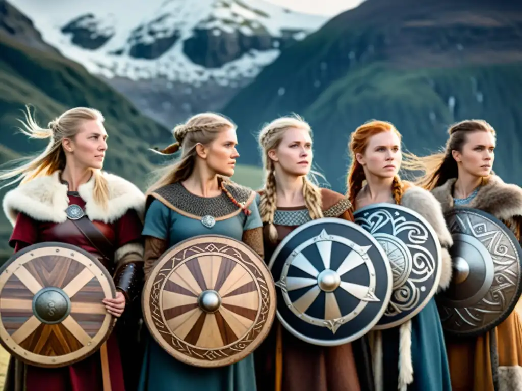 Ilustración de mujeres vikingas empoderadas, unidas y fuertes, con vestimenta tradicional, mostrando determinación y orgullo