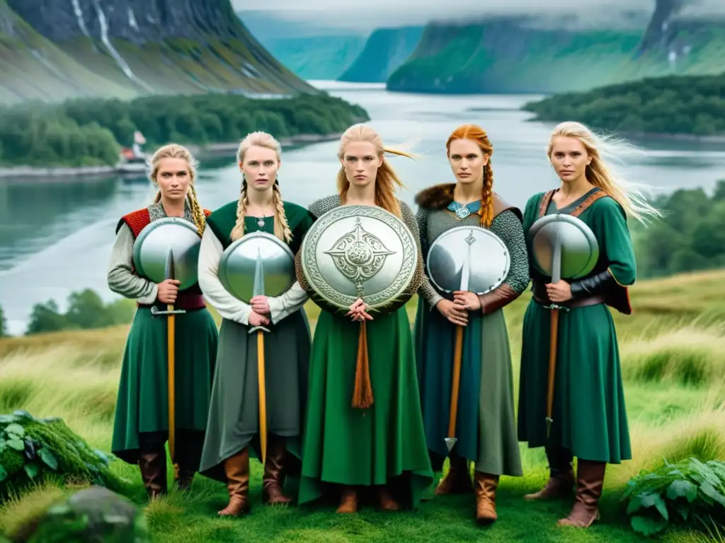 Mujeres vikingas empoderadas en la sociedad moderna, fusionando herencia ancestral con la naturaleza nórdica