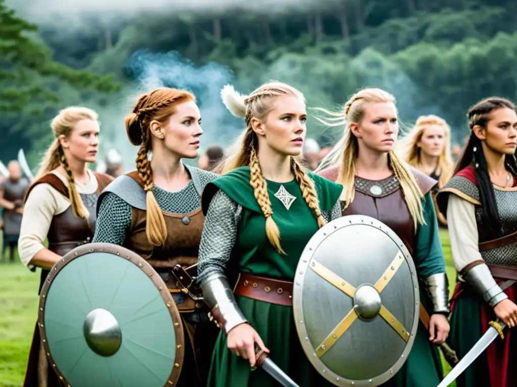 Mujeres vikingas en festival homenaje, mostrando fuerza y tradición en el bosque