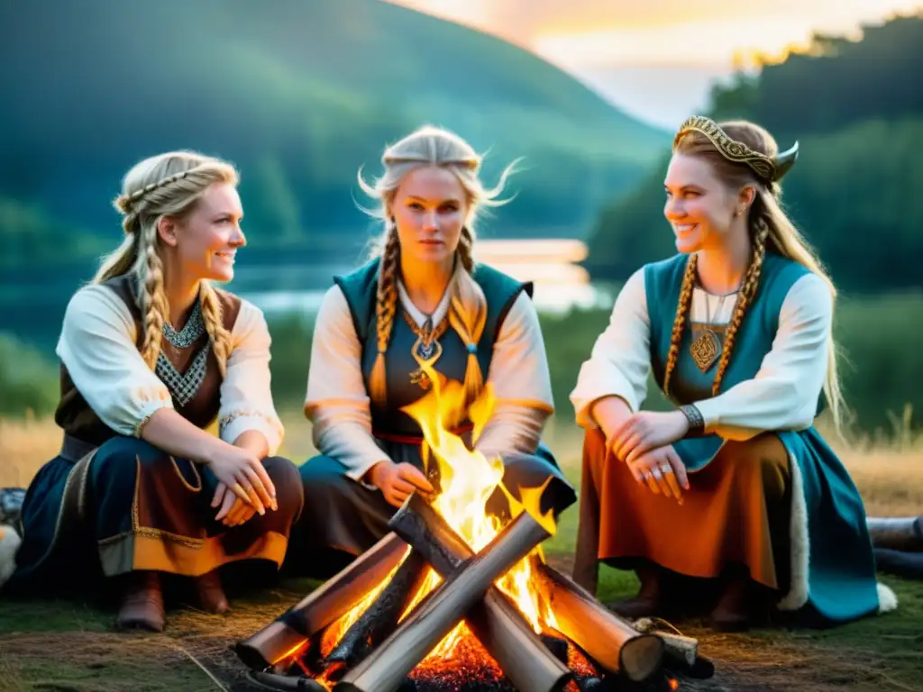 Mujeres vikingas en festival, poderosas junto al fuego en el bosque